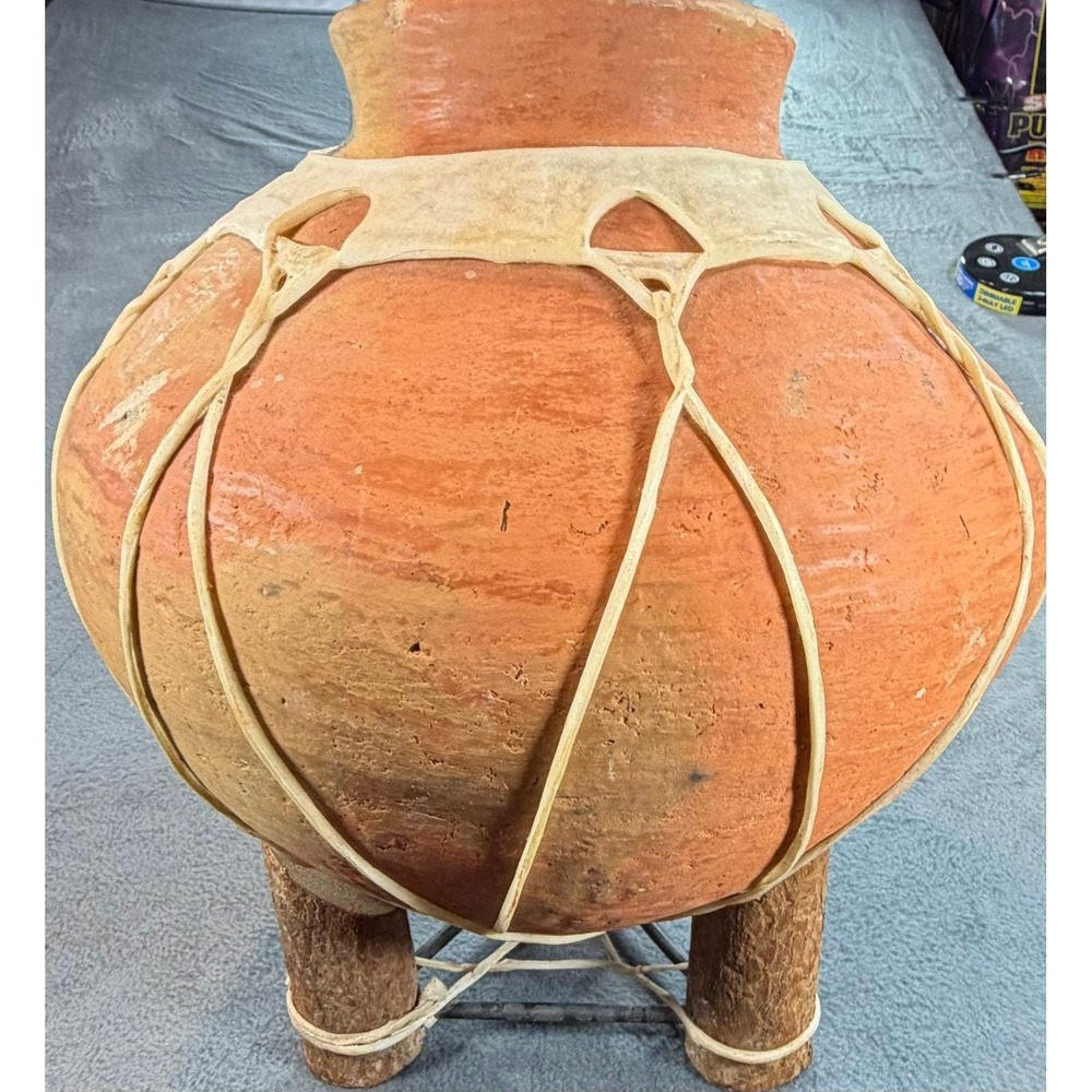 Vintage Mexican Terracotta Tripod Pot Rawhide Wrap Wooden Legs Rustic Folk Art - Picture 7 of 12